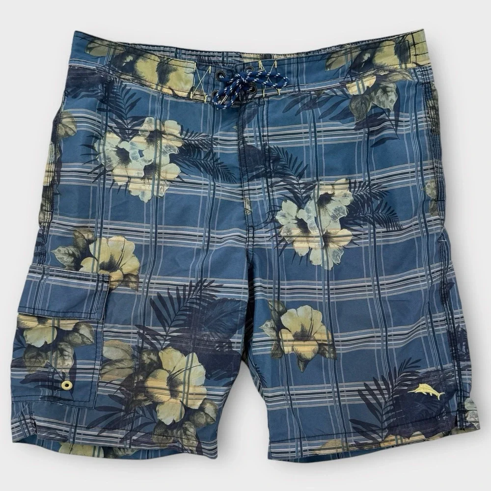 Tommy Bahama Relax Swim Trunks Mens Medium Blue Plaid‎ Floral Shorts Mesh Lined